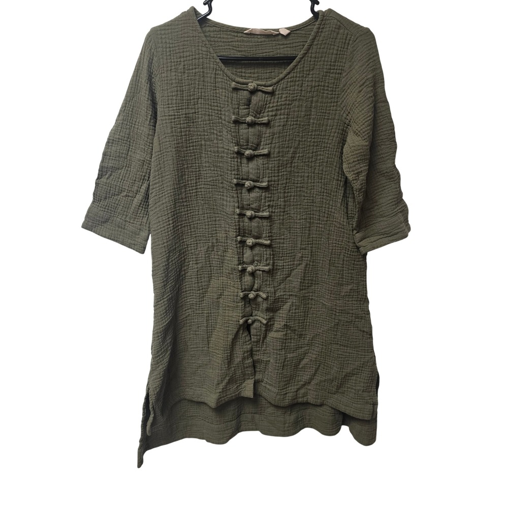 Soft Surroundings Olive Green Cotton Gauze Frog Button Tunic Top Medium 2AE51